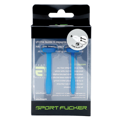 The image displays the Sport Fucker Cum Plug Kit, including two blue medical-grade silicone items packaged with a transparent front that reveals the product along with branding and text on the cardboard backing.