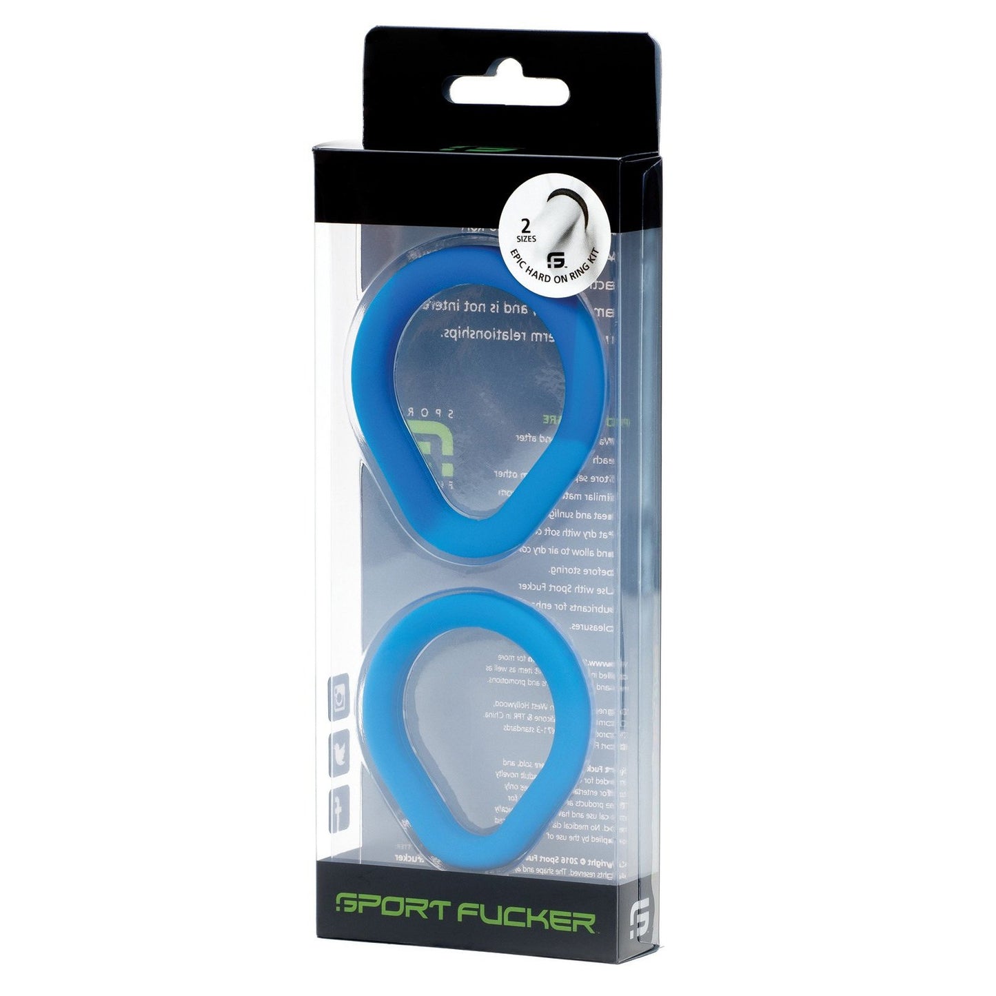 Two blue rings with an oval design are packaged in a transparent box with a black lid. The label reads Sport Fucker and emphasizes 2 Stretch Fit and Water or Silicone Based Lube. These pure silicone rings are part of the Sport Fucker Epic Hard on Kit.