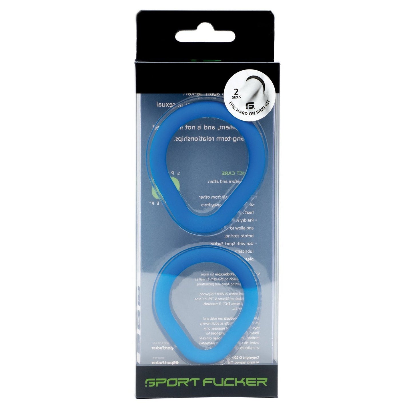 The image shows the Sport Fucker Epic Hard on Kit, with two blue silicone rings displayed in transparent packaging. The label highlights their unique oval design and stretchiness, making them versatile.