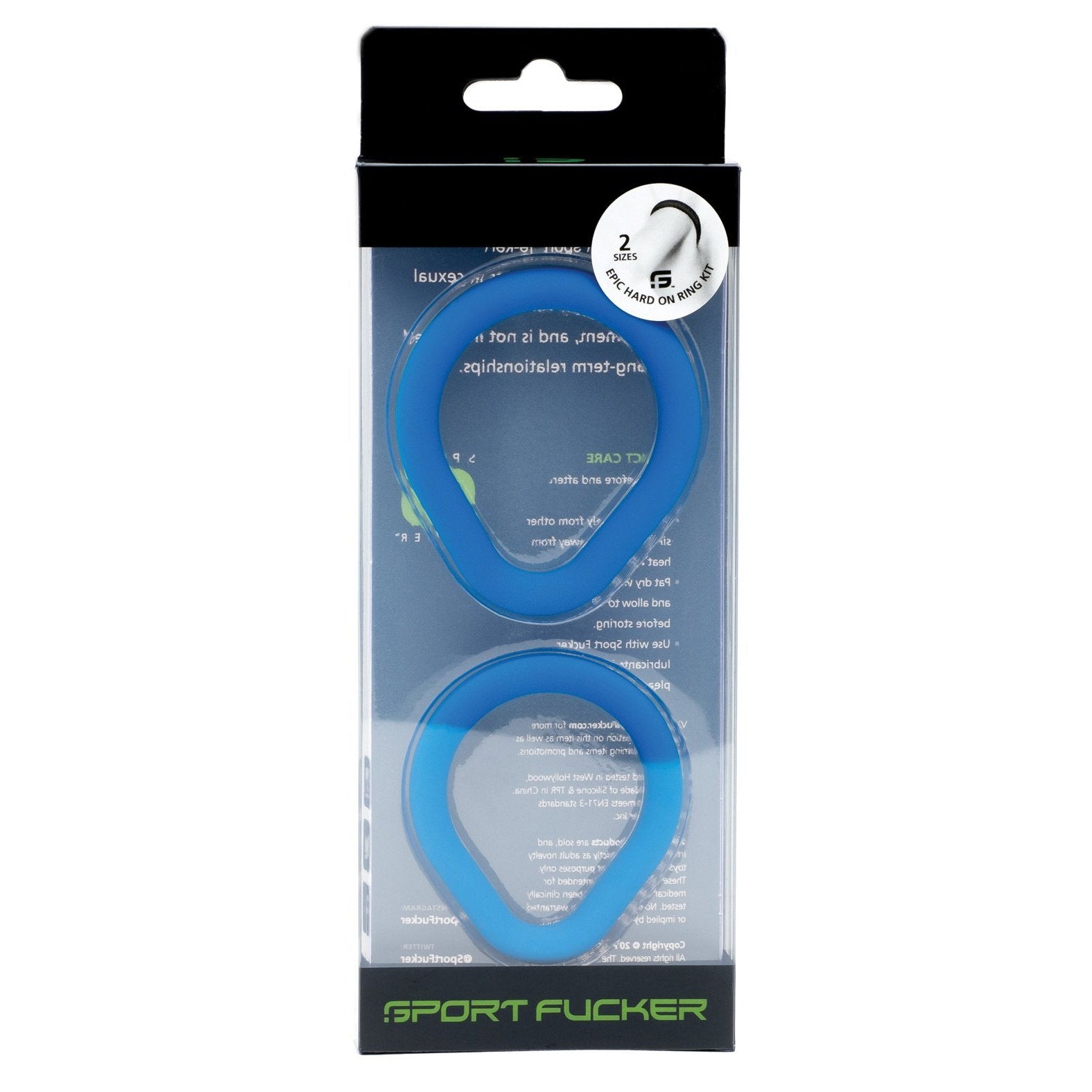 The image shows the Sport Fucker Epic Hard on Kit, with two blue silicone rings displayed in transparent packaging. The label highlights their unique oval design and stretchiness, making them versatile.