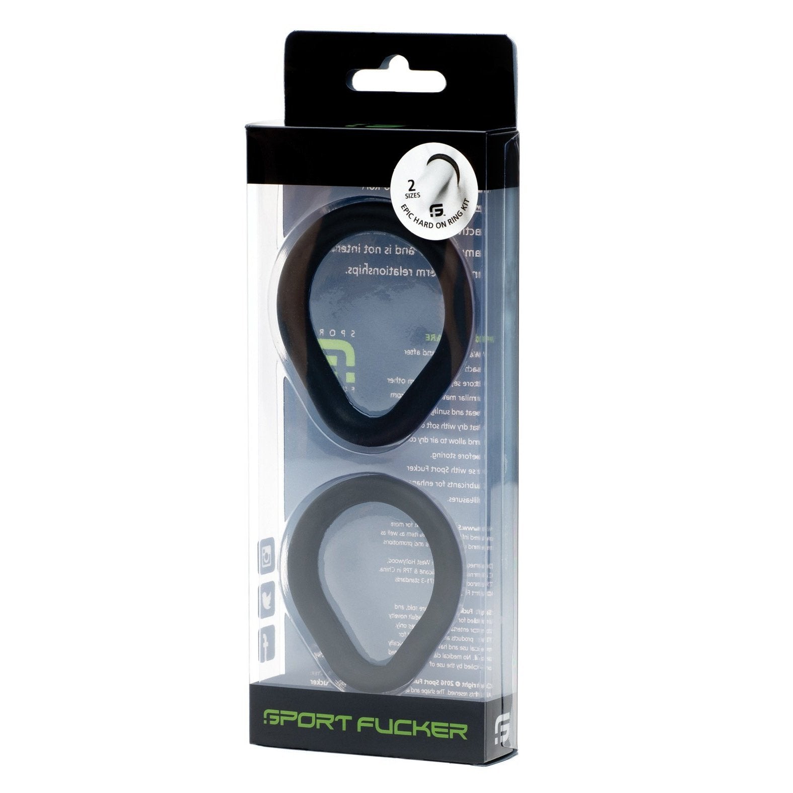 The image displays the Sport Fucker Epic Hard on Kit, including two black silicone oval cock rings. The transparent packaging highlights their design with clear branding and product details.