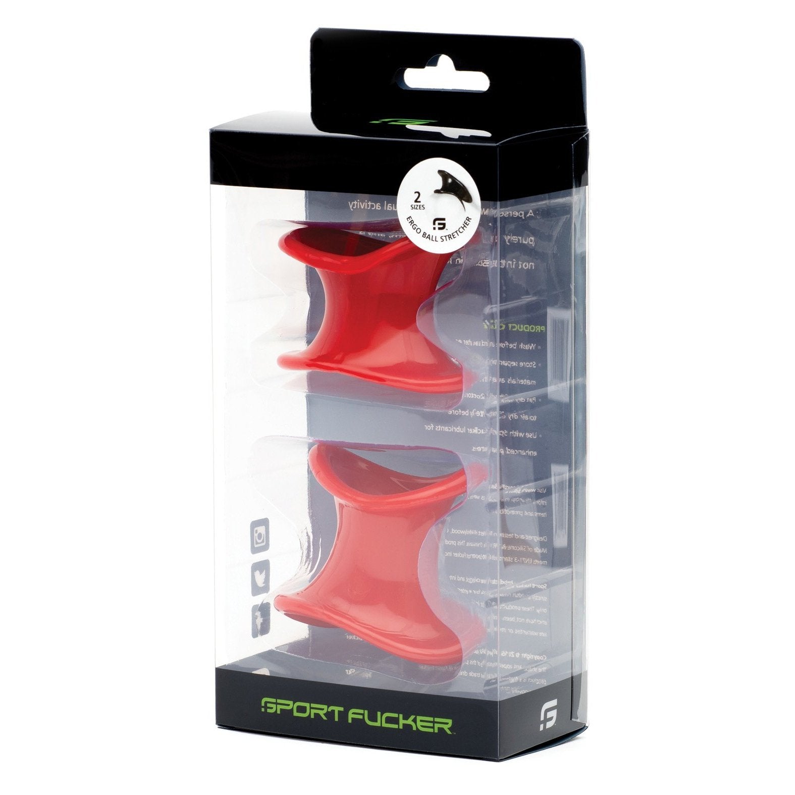 Packaging of two red, cylindrical silicone rings designed as ergonomic sport accessories. The Sport Fucker Ergonomic Ball Stretcher Kit is displayed in a transparent box with a detailed black and green label featuring the Sport Fucker brand.