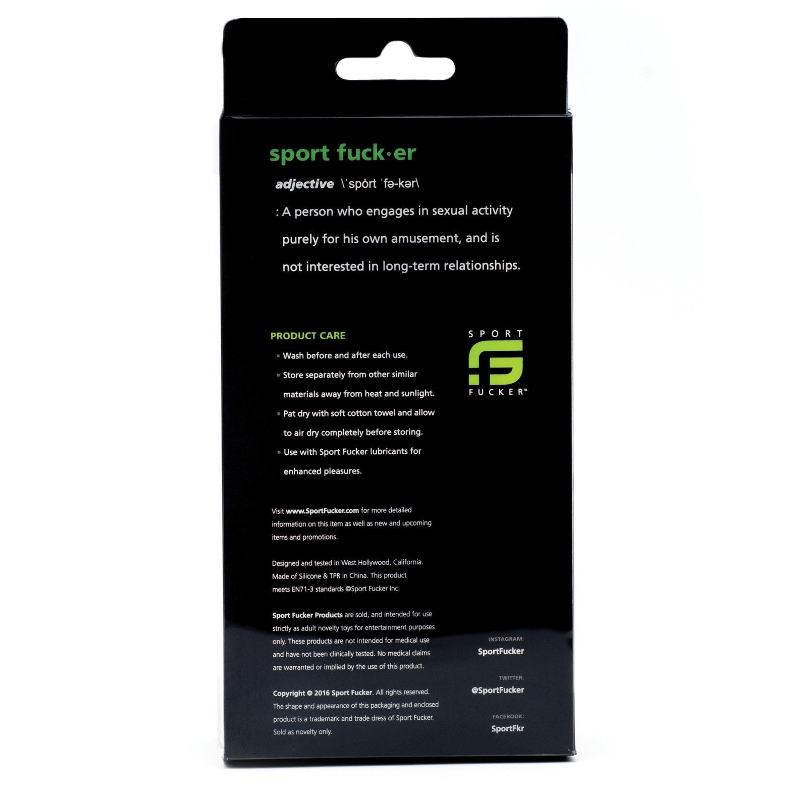 The image shows the packaging for Sport Fucker Ergonomic Ball Stretcher Kit, featuring a definition and care instructions. The predominantly black packaging with green and white text suggests a ball stretcher designed for comfort.