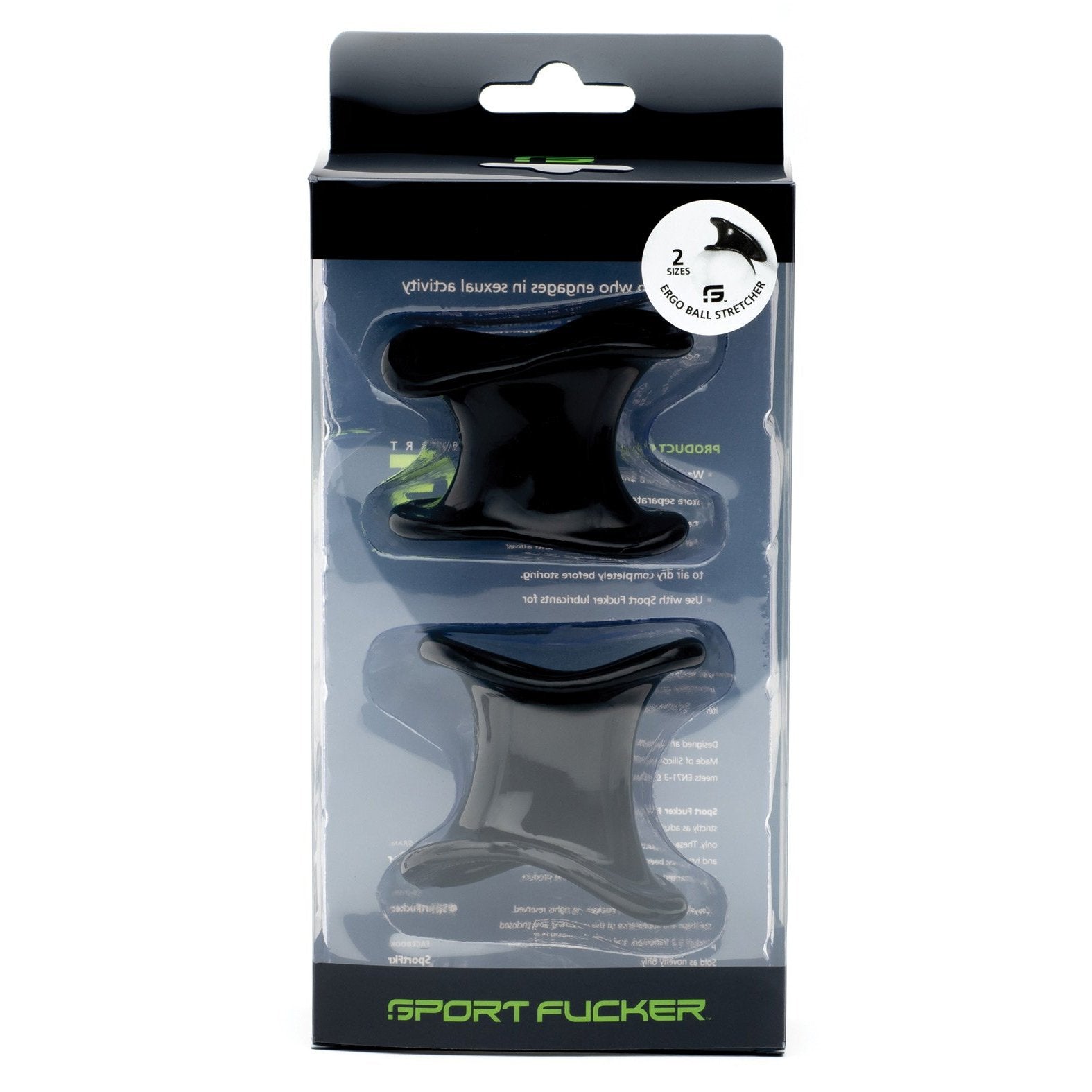 The image features the Sport Fucker Ergonomic Ball Stretcher Kit, a set of two black, triangle-shaped silicone items by Sport Fucker. The packaging emphasizes their flexibility and stretchability, ideal for ergonomic comfort and versatile use.