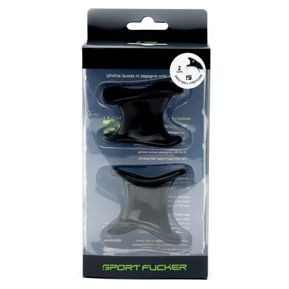 The image features the Sport Fucker Ergonomic Ball Stretcher Kit, a set of two black, triangle-shaped silicone items by Sport Fucker. The packaging emphasizes their flexibility and stretchability, ideal for ergonomic comfort and versatile use.