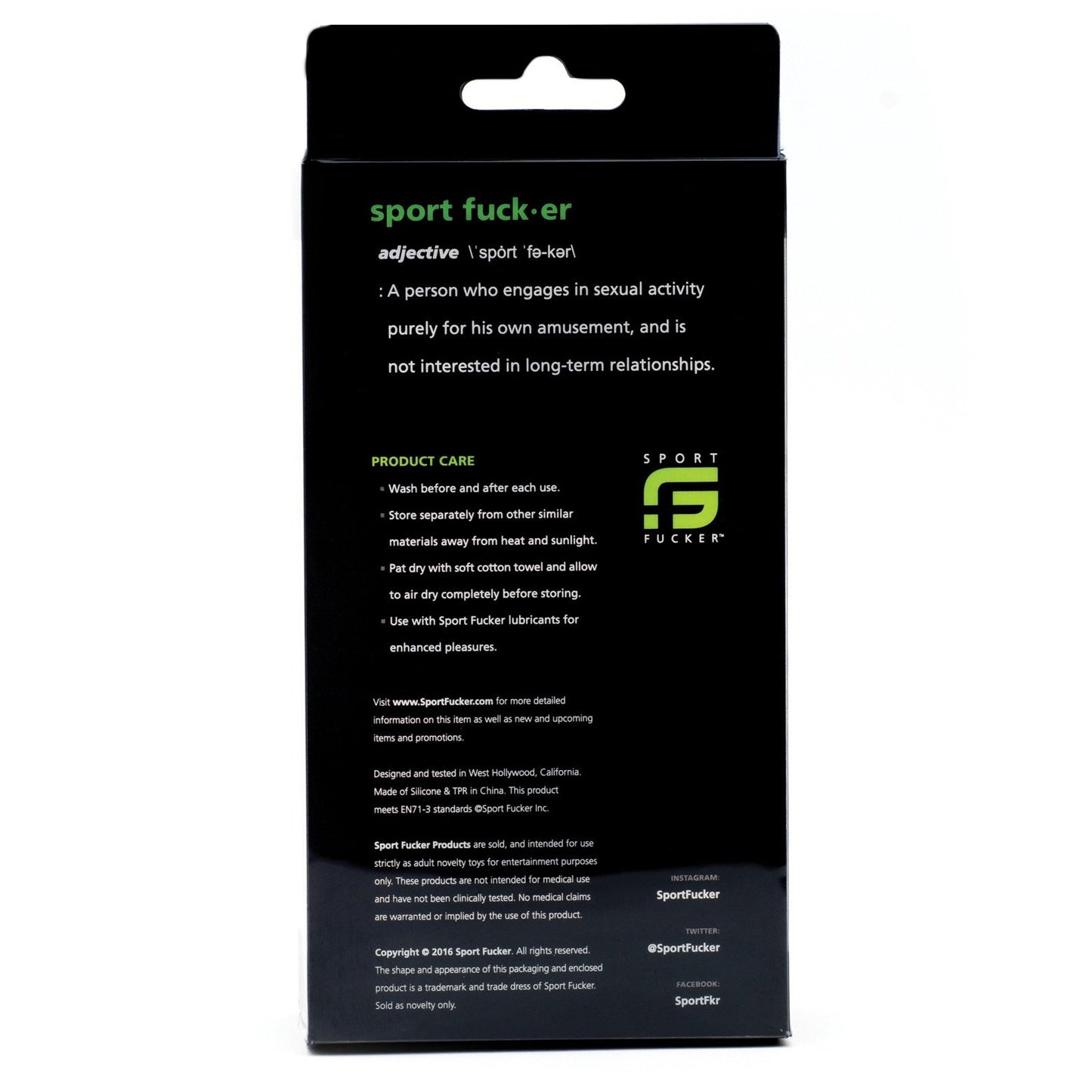 The image shows packaging for the Sport Fucker Ergonomic Ball Stretcher Kit, highlighting care instructions and company details on a sleek black background with vibrant green and white text.