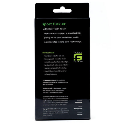 The image shows packaging for the Sport Fucker Ergonomic Ball Stretcher Kit, highlighting care instructions and company details on a sleek black background with vibrant green and white text.