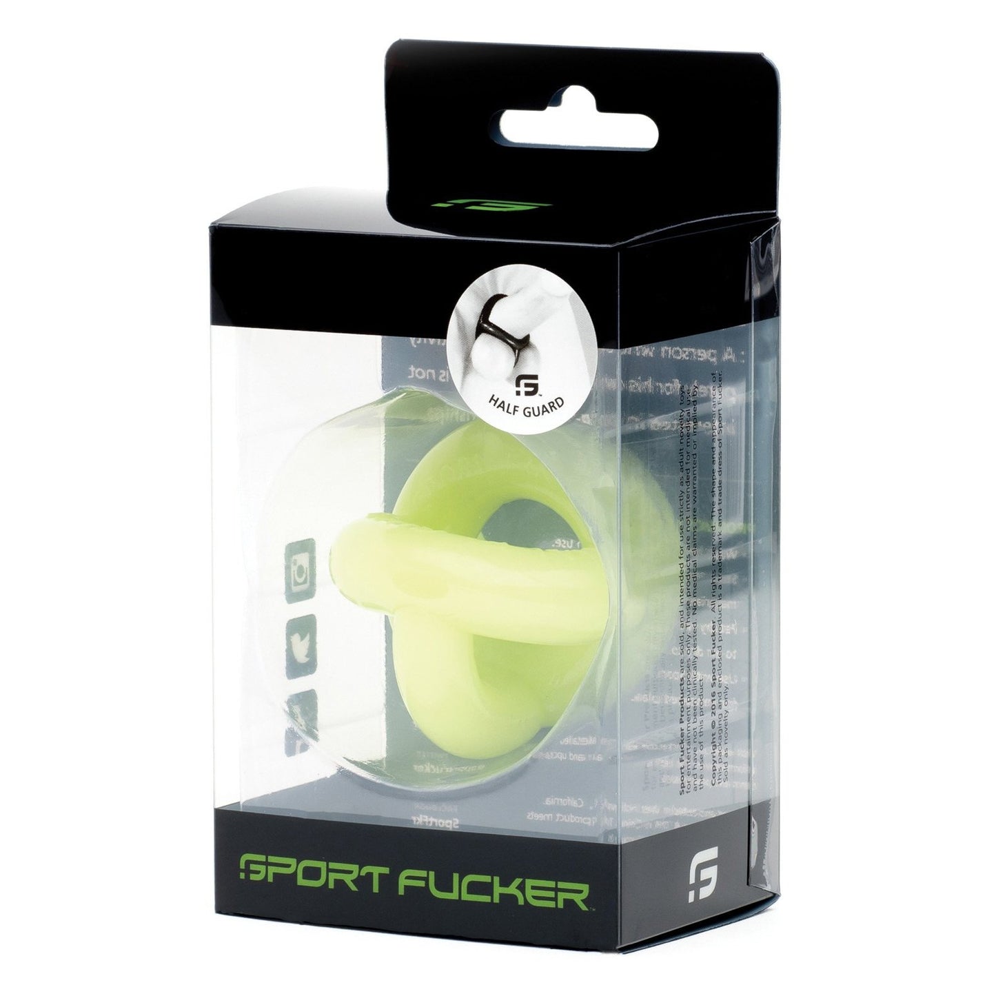 The image displays the Sport Fucker Half Guard packaging. The transparent package showcases a bright yellow cock ring, made from super stretchy Flex TPR, with bold branding and logos against a sleek black background.
