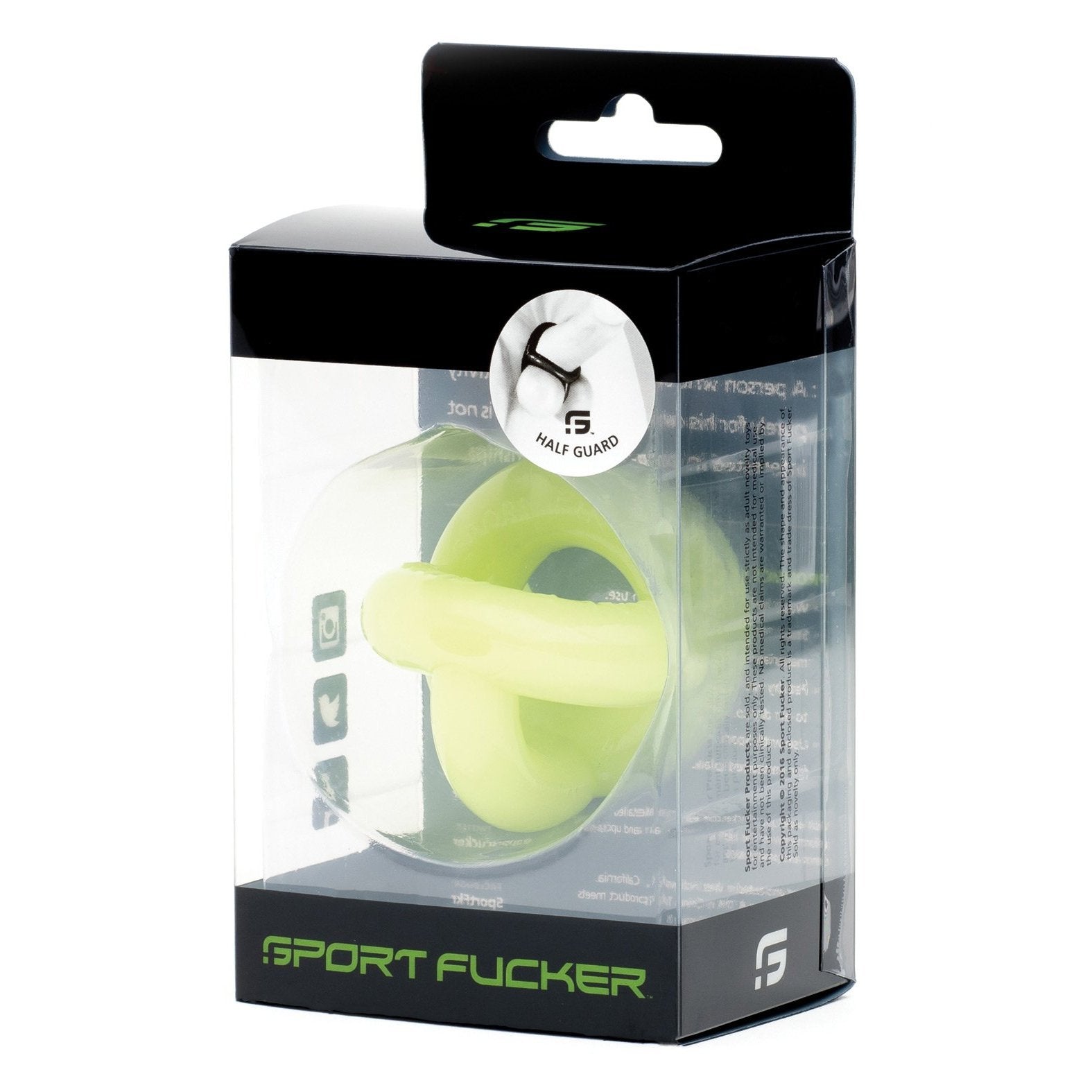 The image displays the Sport Fucker Half Guard packaging. The transparent package showcases a bright yellow cock ring, made from super stretchy Flex TPR, with bold branding and logos against a sleek black background.