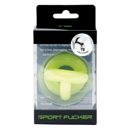 The product packaging for Sport Fuckers Half Guard includes a yellow ball splitter made from super stretchy Flex TPR. It is enclosed in a black and green box with a small circular photo on the top left corner showing the item in use.
