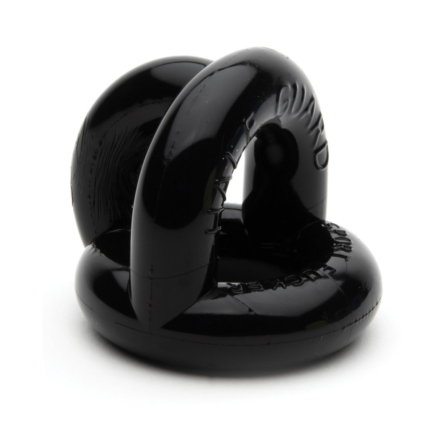 The Sport Fucker Half Guard by Sport Fucker is a black circular object with hollow sections and embossed text, made from shiny Flex TPR material. Its interlocking design has smooth edges with two curved parts connected together, resembling a super stretchy cock ring.