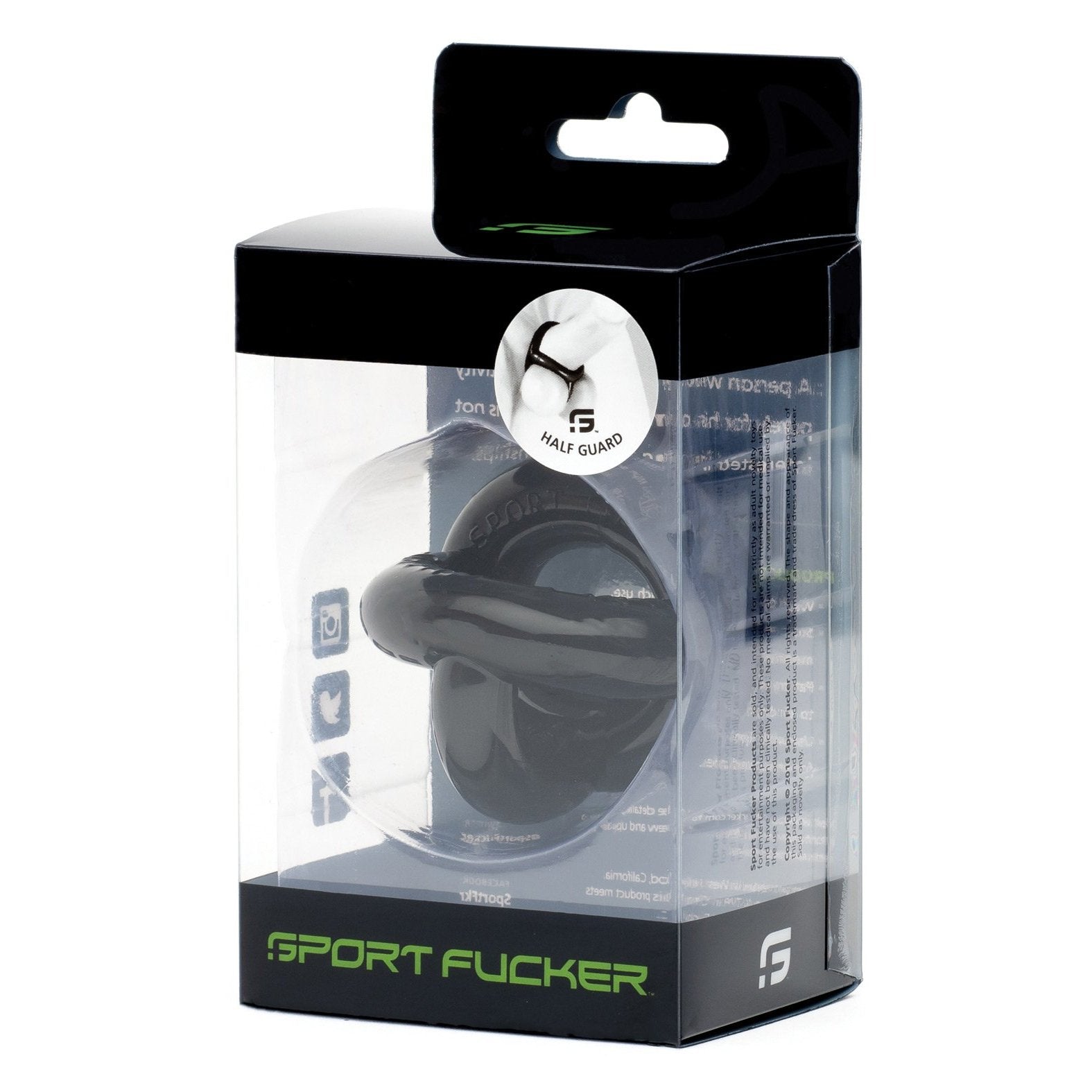 The Sport Fucker Half Guards black packaging has a clear front to display its super stretchy Flex TPR design, bold branding, and circular logo, emphasizing innovation in personal comfort and performance.