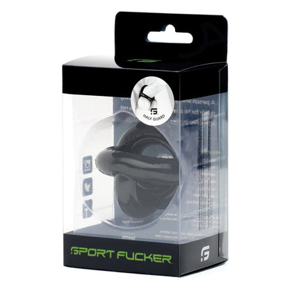 The Sport Fucker Half Guards black packaging has a clear front to display its super stretchy Flex TPR design, bold branding, and circular logo, emphasizing innovation in personal comfort and performance.
