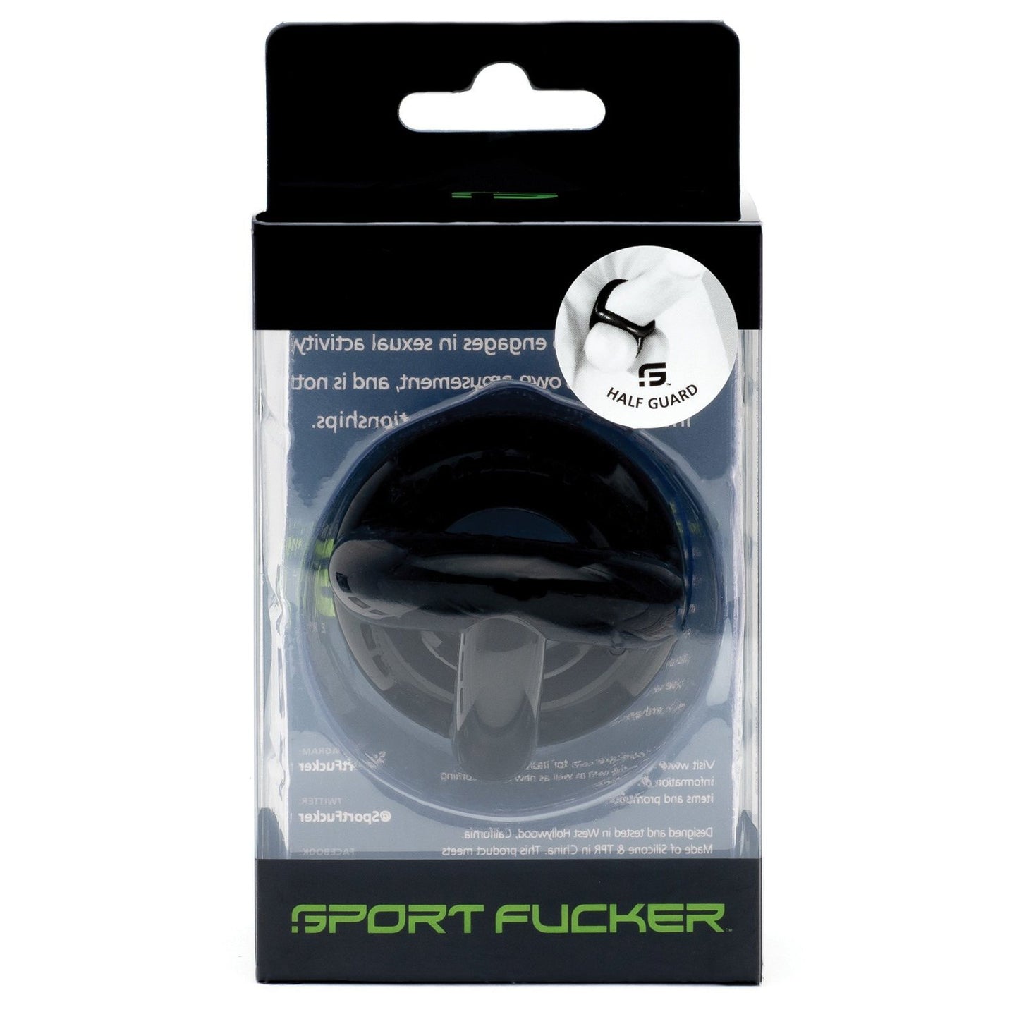 A black sport accessory called Sport Fucker Half Guard is packaged with a circular window displaying the Flex TPR product, featuring visible text and Sport Fucker branding.