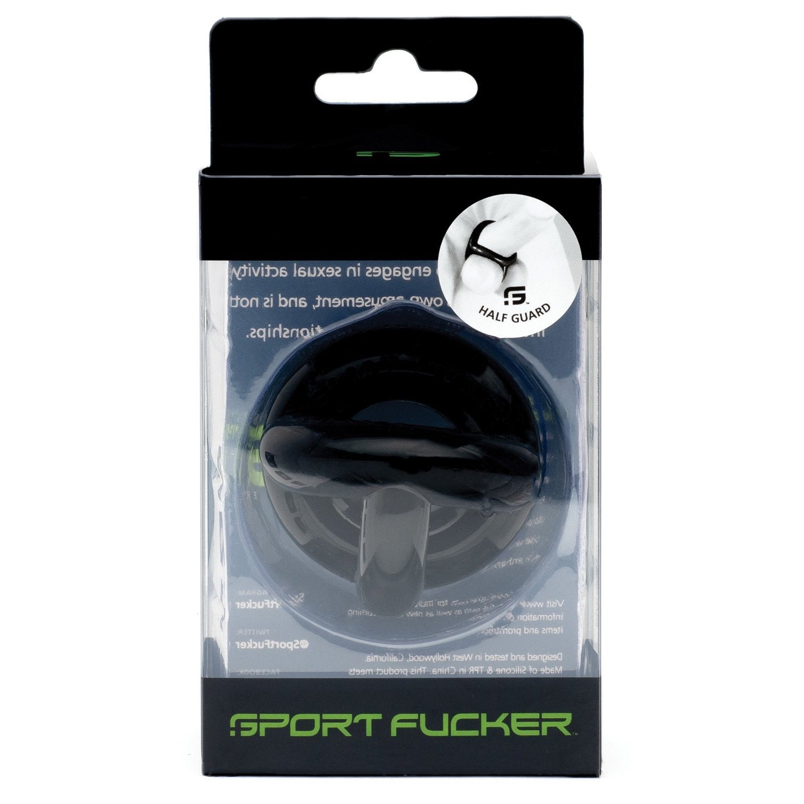 A black sport accessory called Sport Fucker Half Guard is packaged with a circular window displaying the Flex TPR product, featuring visible text and Sport Fucker branding.