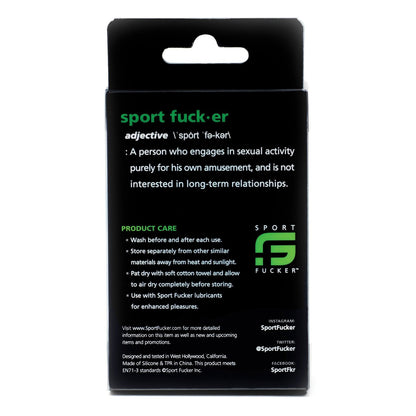 The sleek black box for Sport Fucker Half Guard features a playful brand definition and highlights the Flex TPR material. It advises washing before and after use, offers storage tips, includes a super stretchy cock ring, and lists social media handles for more fun.