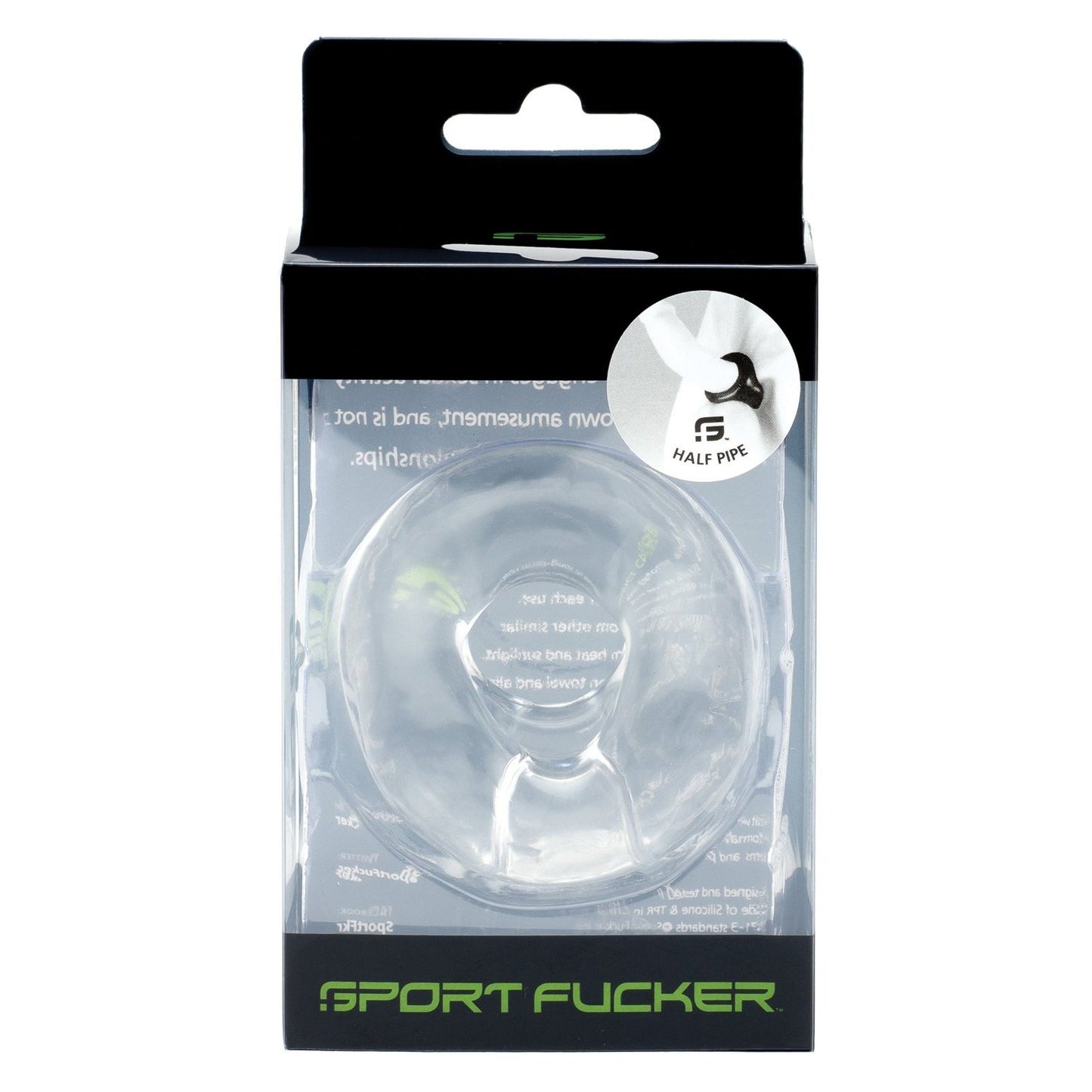 The image shows the Sport Fucker Half Pipe, a clear circular object made from stretchy TPR, in black and transparent packaging. A circular sticker reads Half Pipe. This cock ring is displayed upright on a white background as an ideal bulge enhancer.