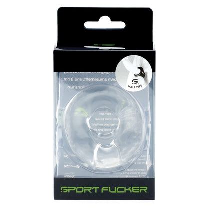The image shows the Sport Fucker Half Pipe, a clear circular object made from stretchy TPR, in black and transparent packaging. A circular sticker reads Half Pipe. This cock ring is displayed upright on a white background as an ideal bulge enhancer.