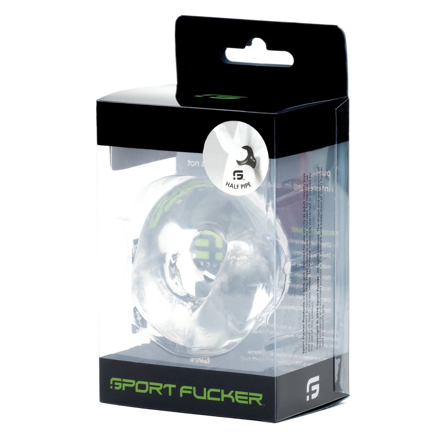Clear packaging displays a translucent cock ring named Sport Fucker Half Pipe, made from super stretchy TPR.