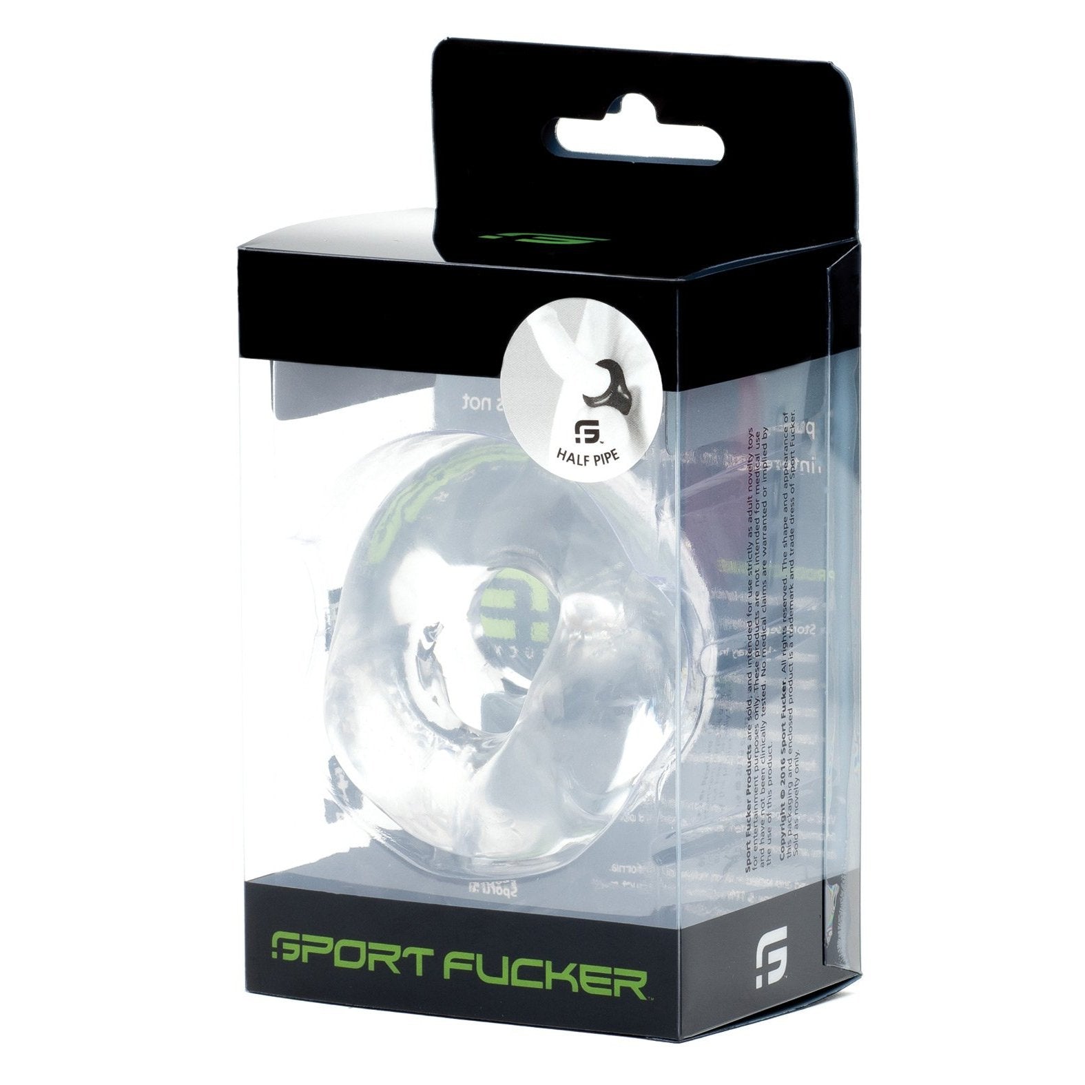 Clear packaging displays a translucent cock ring named Sport Fucker Half Pipe, made from super stretchy TPR.