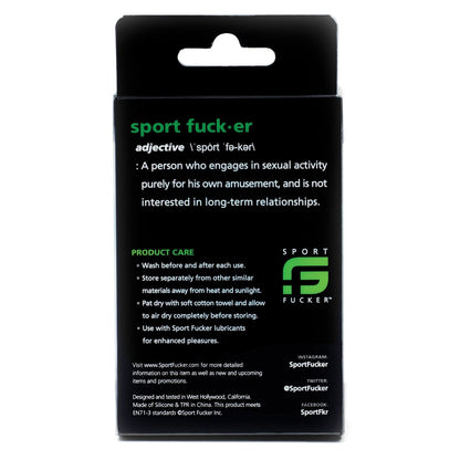 The Sport Fucker Half Pipes box humorously defines its name and offers care instructions for your new super stretchy TPR cock ring, with a striking black background highlighting white and green text. Dont forget to check out our social media for more tips!.