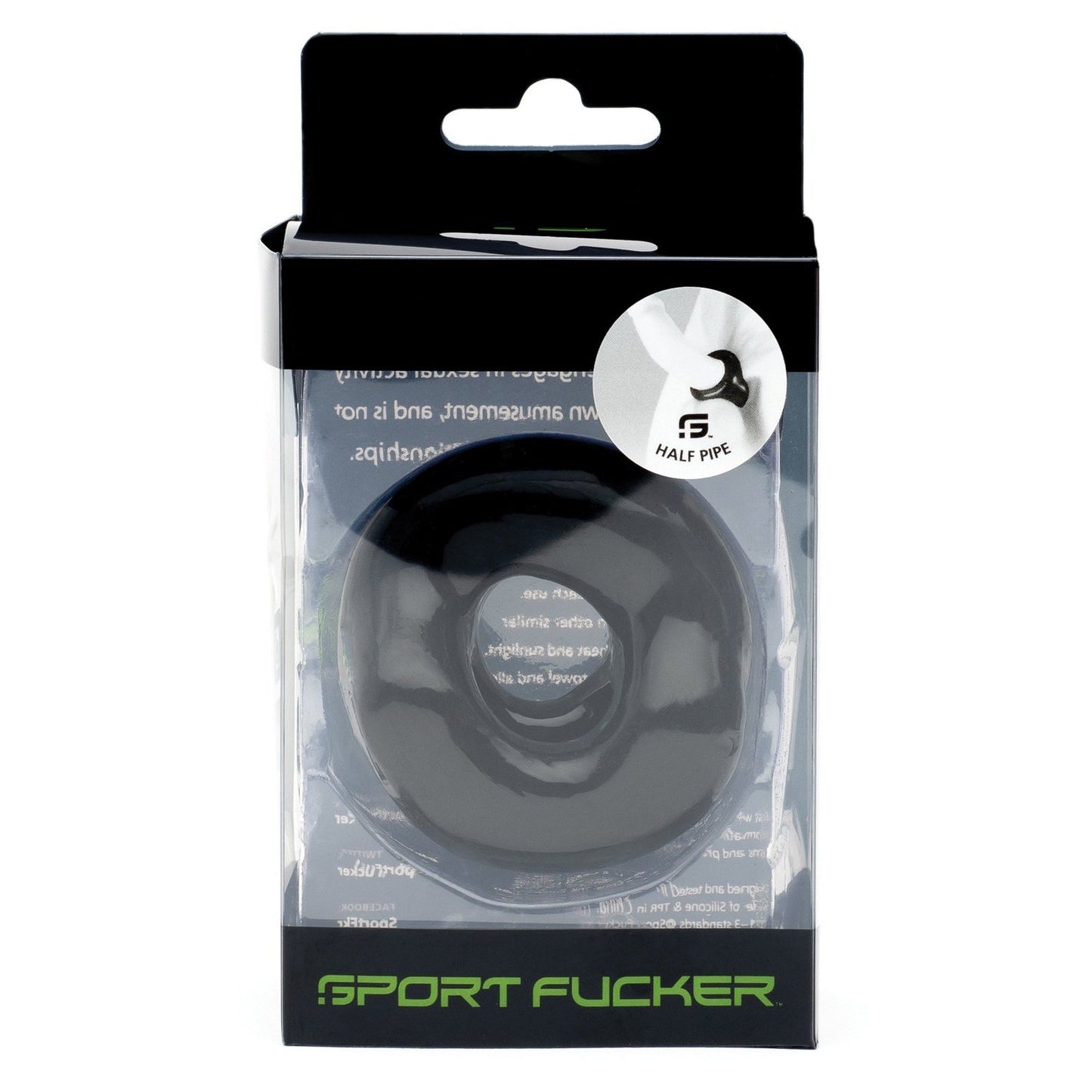 The image features the Sport Fucker Half Pipe, a black sporting accessory made from super stretchy TPR. This cock ring and bulge enhancer is packaged in a clear plastic box, displaying visible branding and product details.