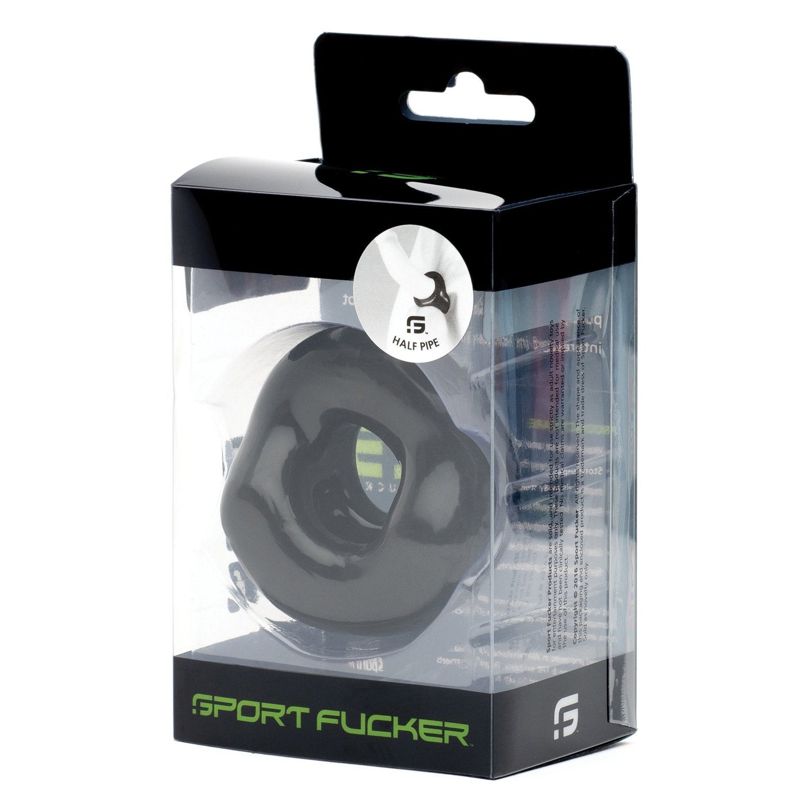The Sport Fucker Half Pipe features a black circular cock ring made from stretchy TPR for bulge enhancement, in transparent packaging with a black header and base, and a logo displaying Half Pipe with a pipe icon.