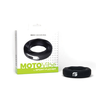 The image displays the Sport Fucker Motovibe Rev Cockring, a black USB rechargeable ring beside its box with branding and dotted design; its crafted from medical-grade silicone for top durability and comfort.