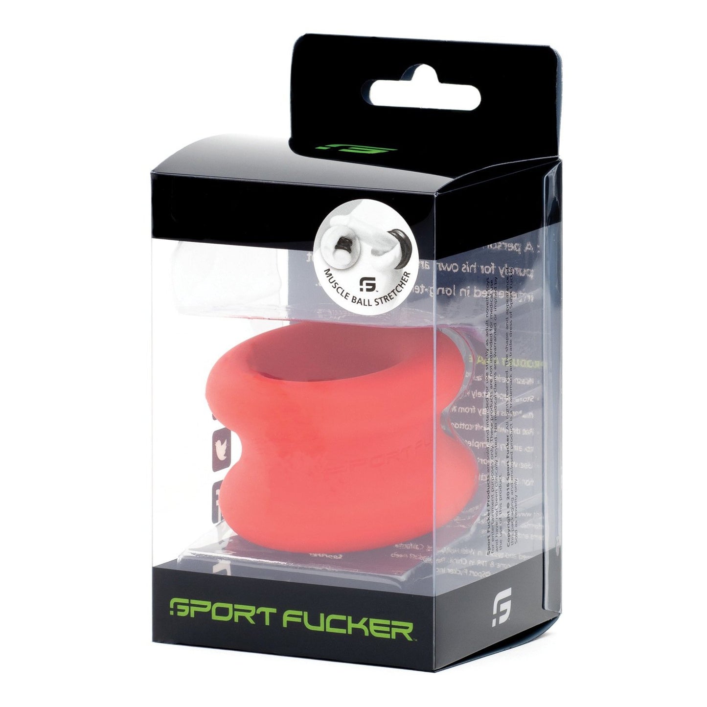 The image shows a packaged Sport Fucker Muscle Ball Stretcher in red silicone. Known for its C-ring design, the soft ball stretcher is encased in a clear box with Sport Fucker logos and text.
