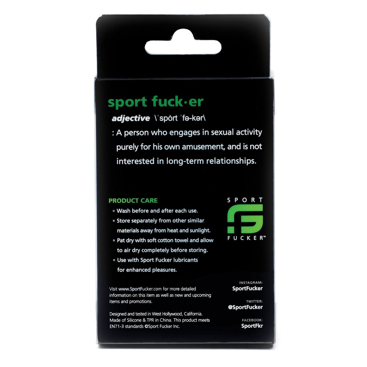 The black package for the Sport Fucker Muscle Ball Stretcher humorously defines Sport Fucker and provides care instructions. Made of soft silicone, this stretchy C-ring ensures comfort and durability. It also includes social media info and contact details for further connection.