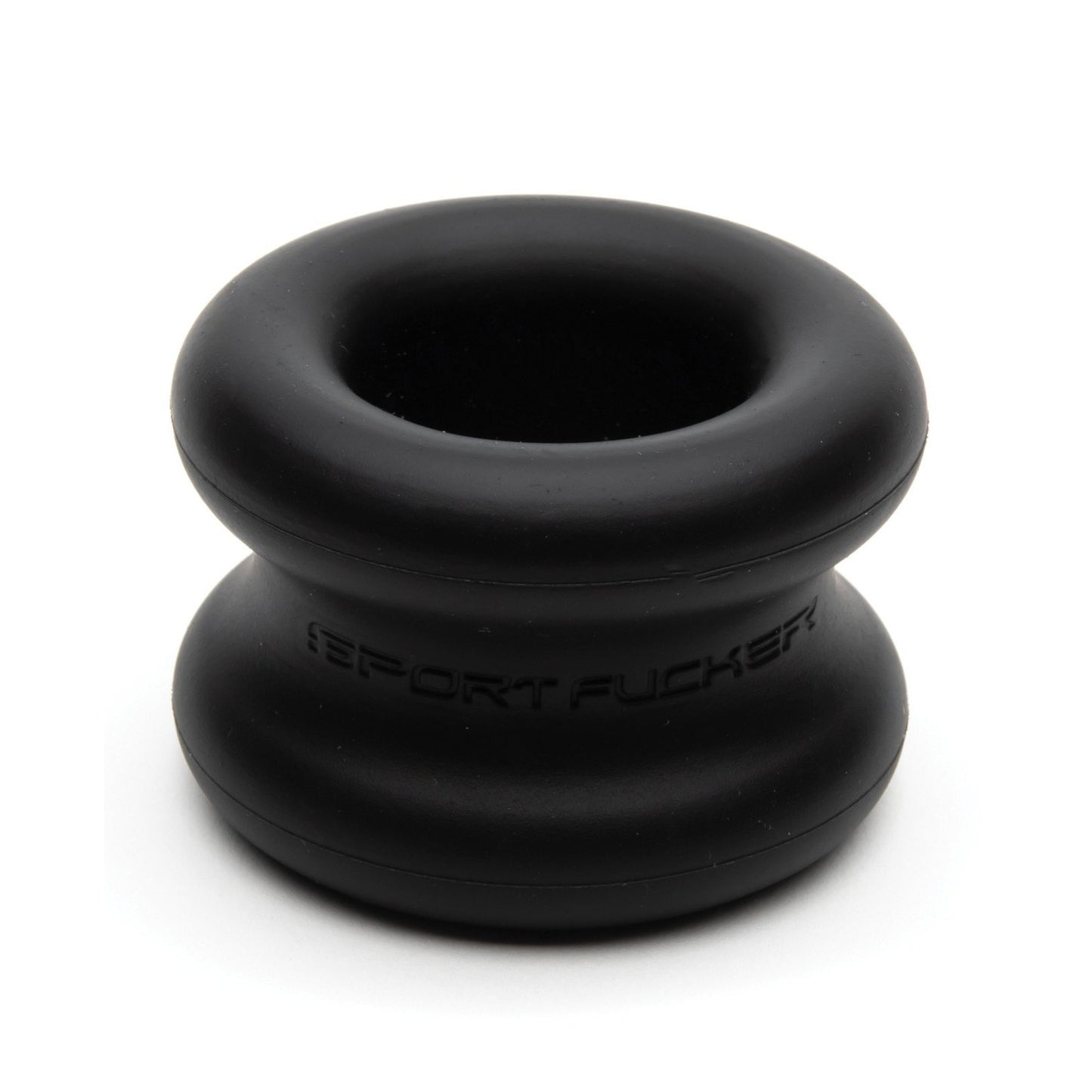 The Sport Fucker Muscle Ball Stretcher by Sport Fucker is a black silicone ring with a stretchy, smooth double-layered design. It has embossed text around its middle section, rounded shape, and matte finish, combining style and comfort.