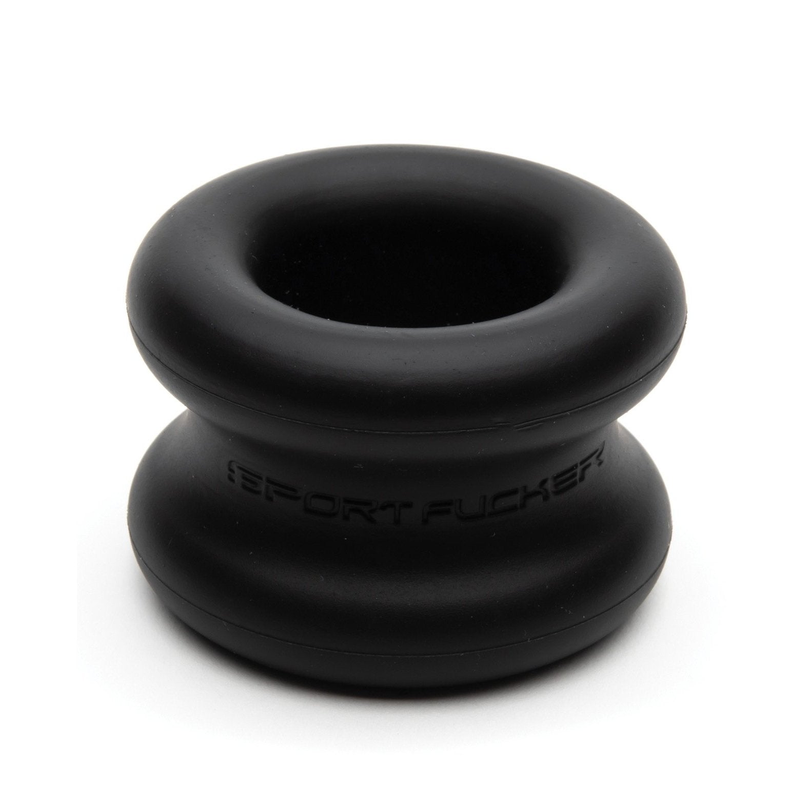 The Sport Fucker Muscle Ball Stretcher by Sport Fucker is a black silicone ring with a stretchy, smooth double-layered design. It has embossed text around its middle section, rounded shape, and matte finish, combining style and comfort.