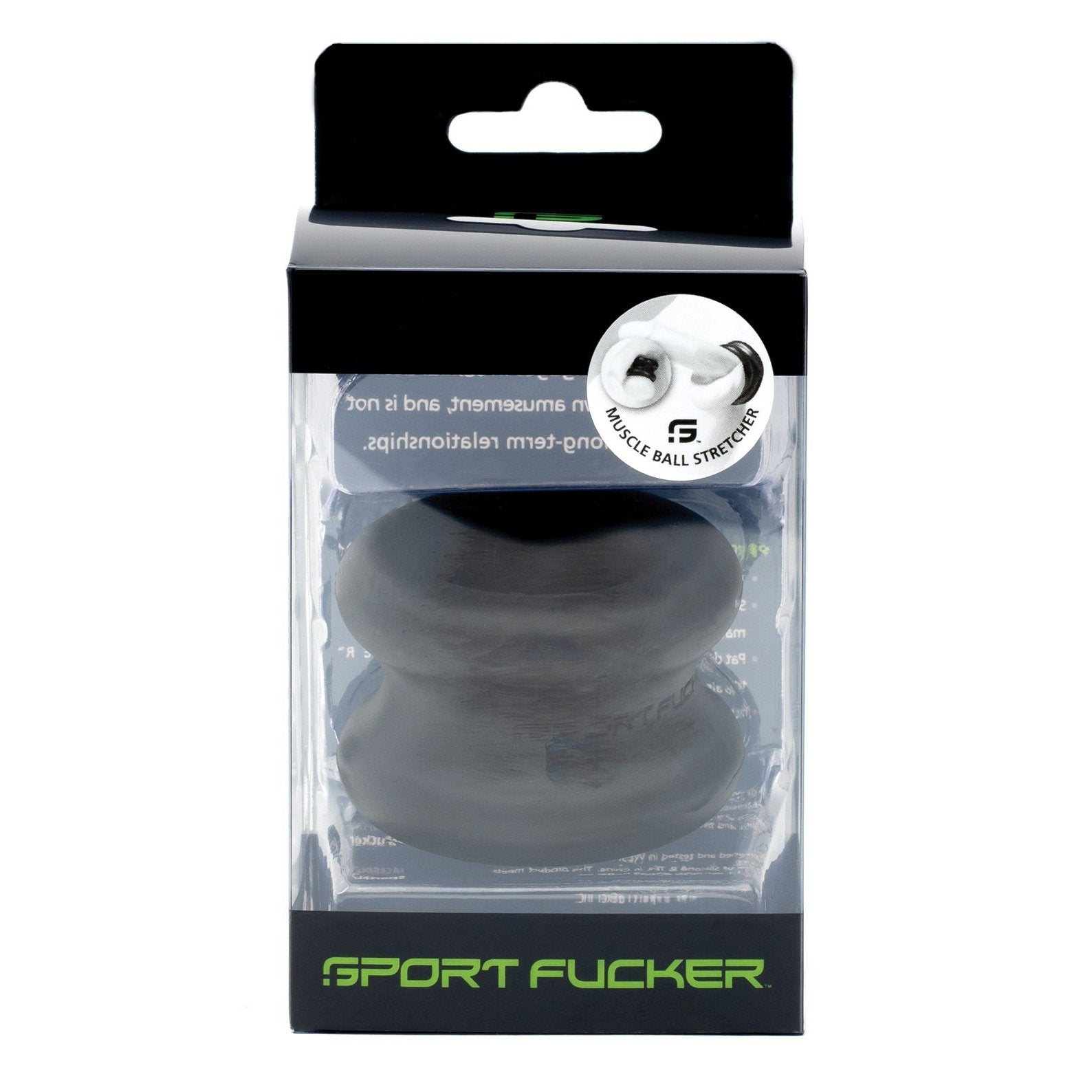 The Sport Fucker Muscle Ball Stretcher is displayed in a transparent box with black and green accents, emphasizing its stretchy C-ring design, and the brand name Sport Fucker is prominently visible at the bottom.