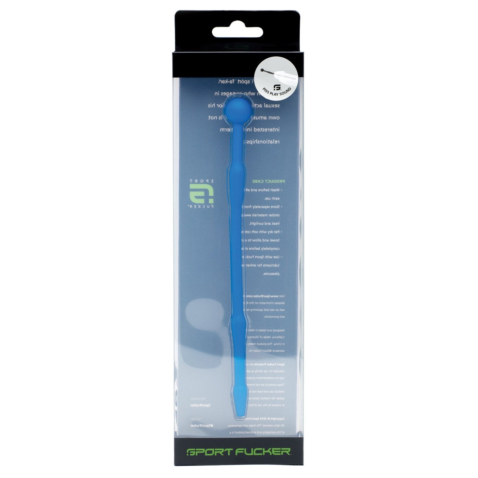 A packaged blue sound instrument, made of medical grade silicone, is displayed vertically in a clear box with black edges. The brand Sport Fucker appears prominently at the bottom.