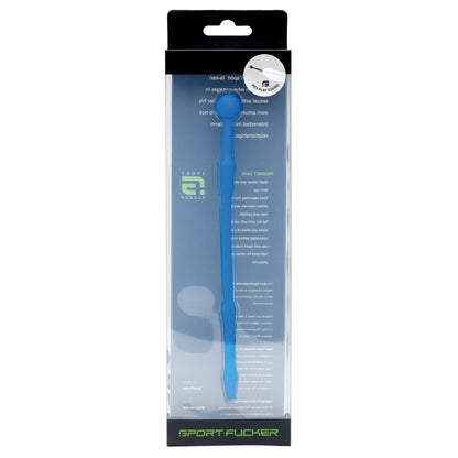 A packaged blue sound instrument, made of medical grade silicone, is displayed vertically in a clear box with black edges. The brand Sport Fucker appears prominently at the bottom.