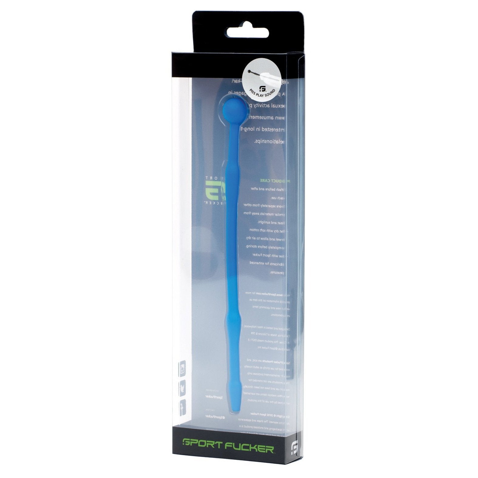 The image shows a blue product called Sport Fucker Piss Play Sound, made from flexible, medical-grade silicone. Its packed in clear plastic with partially visible text indicating its a silicone sounding tool.