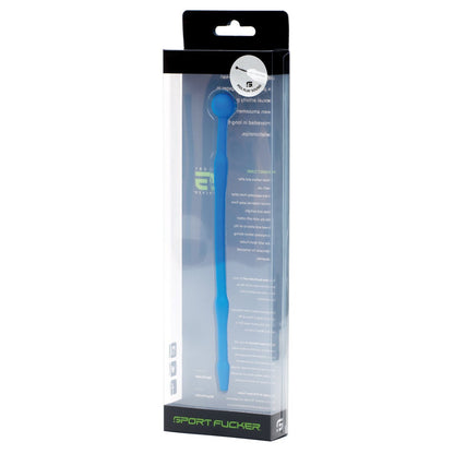 The image shows a blue product called Sport Fucker Piss Play Sound, made from flexible, medical-grade silicone. Its packed in clear plastic with partially visible text indicating its a silicone sounding tool.