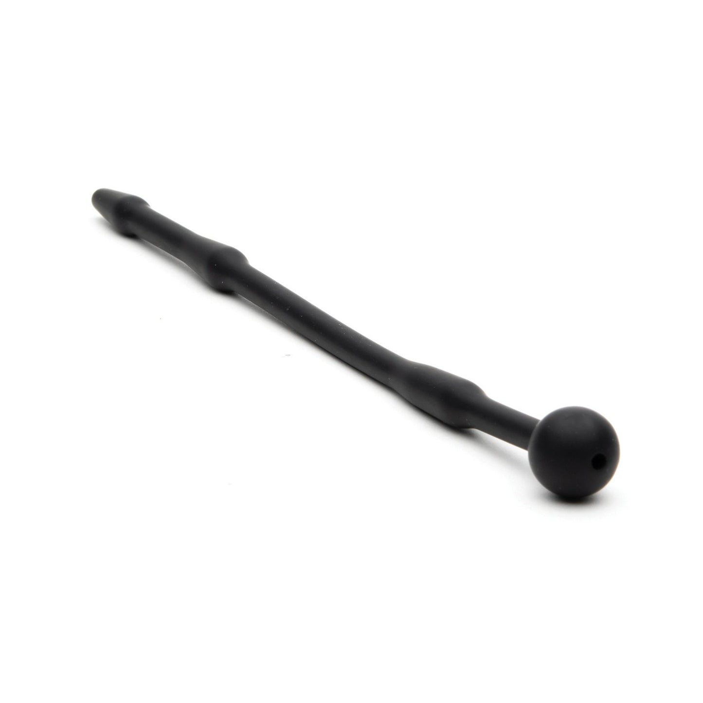 The Sport Fucker Piss Play Sound is a black, medical-grade silicone wand by Sport Fucker, featuring a beaded pattern with a spherical handle on one end and tapering on the other. It is styled elegantly against a white background.