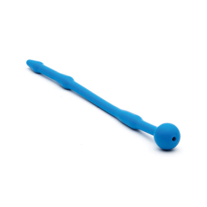 The Sport Fucker Piss Play Sound, featuring a ribbed design and round-end tip made from medical-grade blue silicone, is elegantly displayed on a white background.