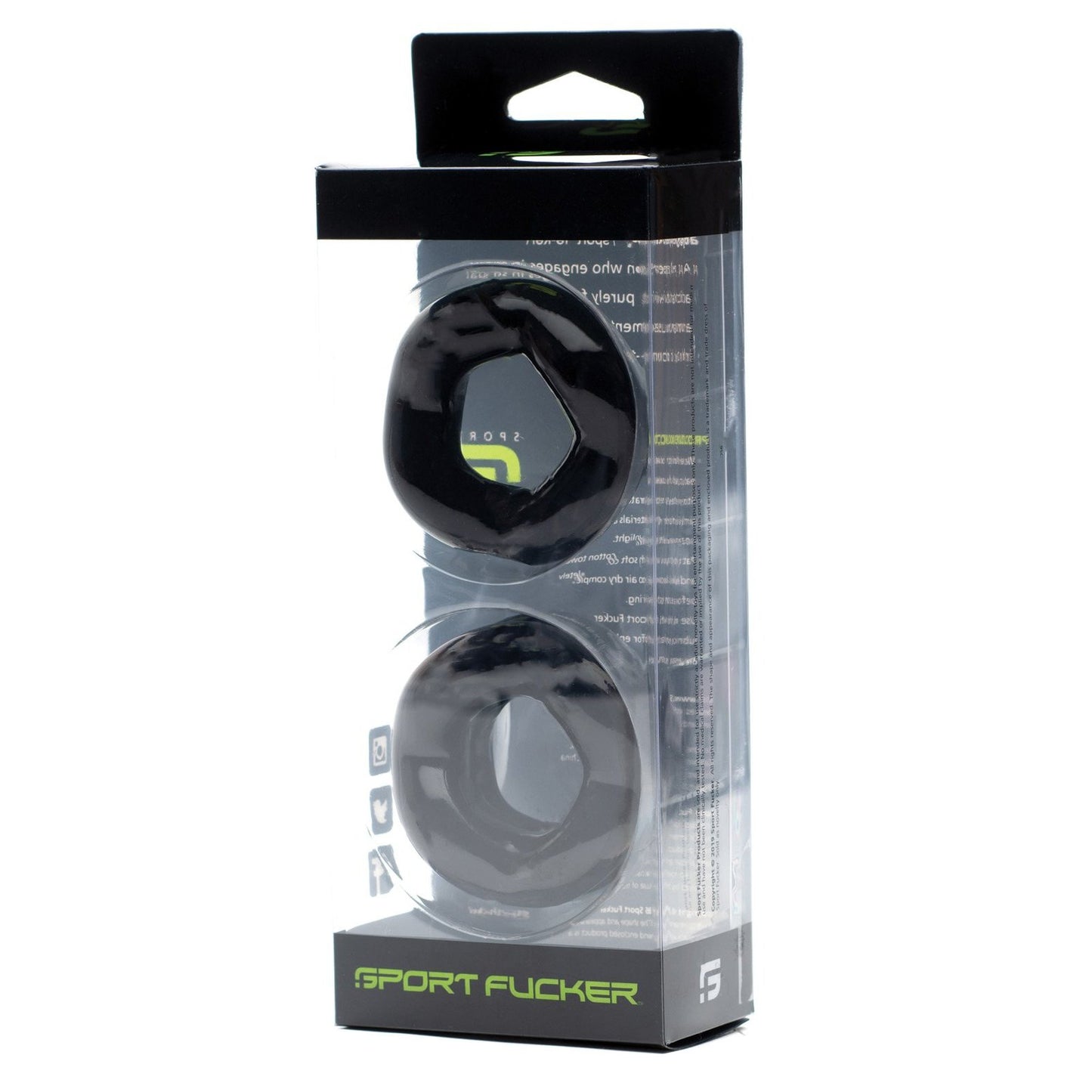 The Sport Fucker Revolution Combo Set by Sport Fucker includes two black rubber donut-shaped rings in a clear box, doubling as a cockring and ball stretcher for enhanced performance and an exhilarating experience.