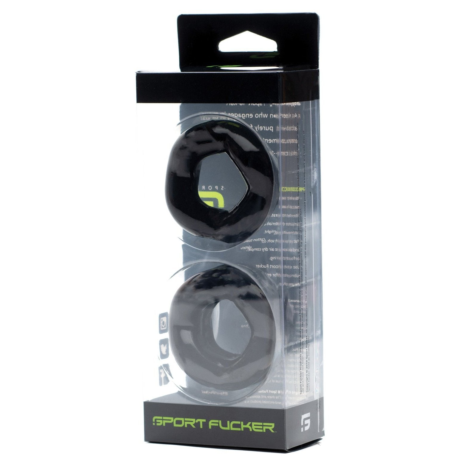 The Sport Fucker Revolution Combo Set by Sport Fucker includes two black rubber donut-shaped rings in a clear box, doubling as a cockring and ball stretcher for enhanced performance and an exhilarating experience.