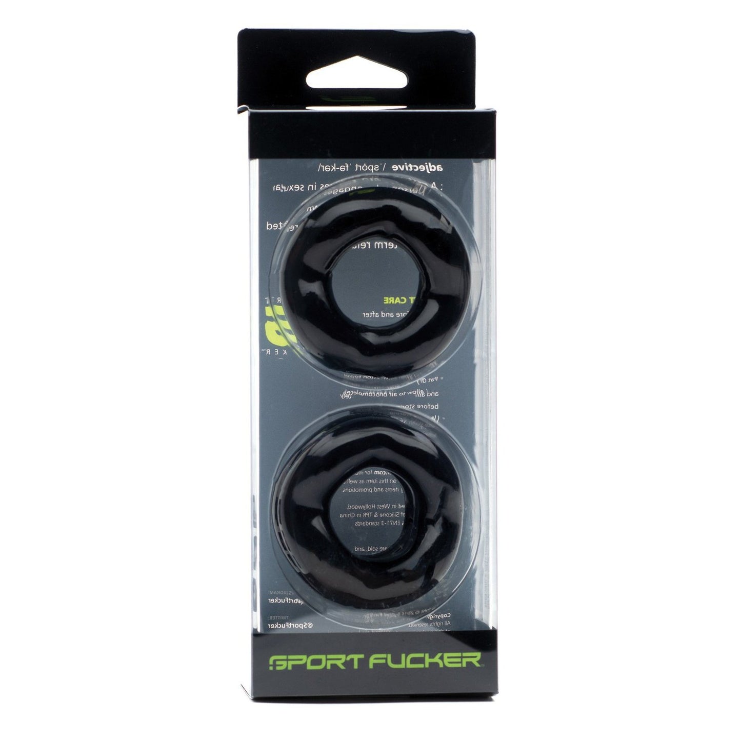 The Sport Fucker Revolution Combo Set, by Sport Fucker, includes two versatile black rings for use as a cockring or ball stretcher. The packaging features detailed product info on the back and a practical hanging tab at the top.
