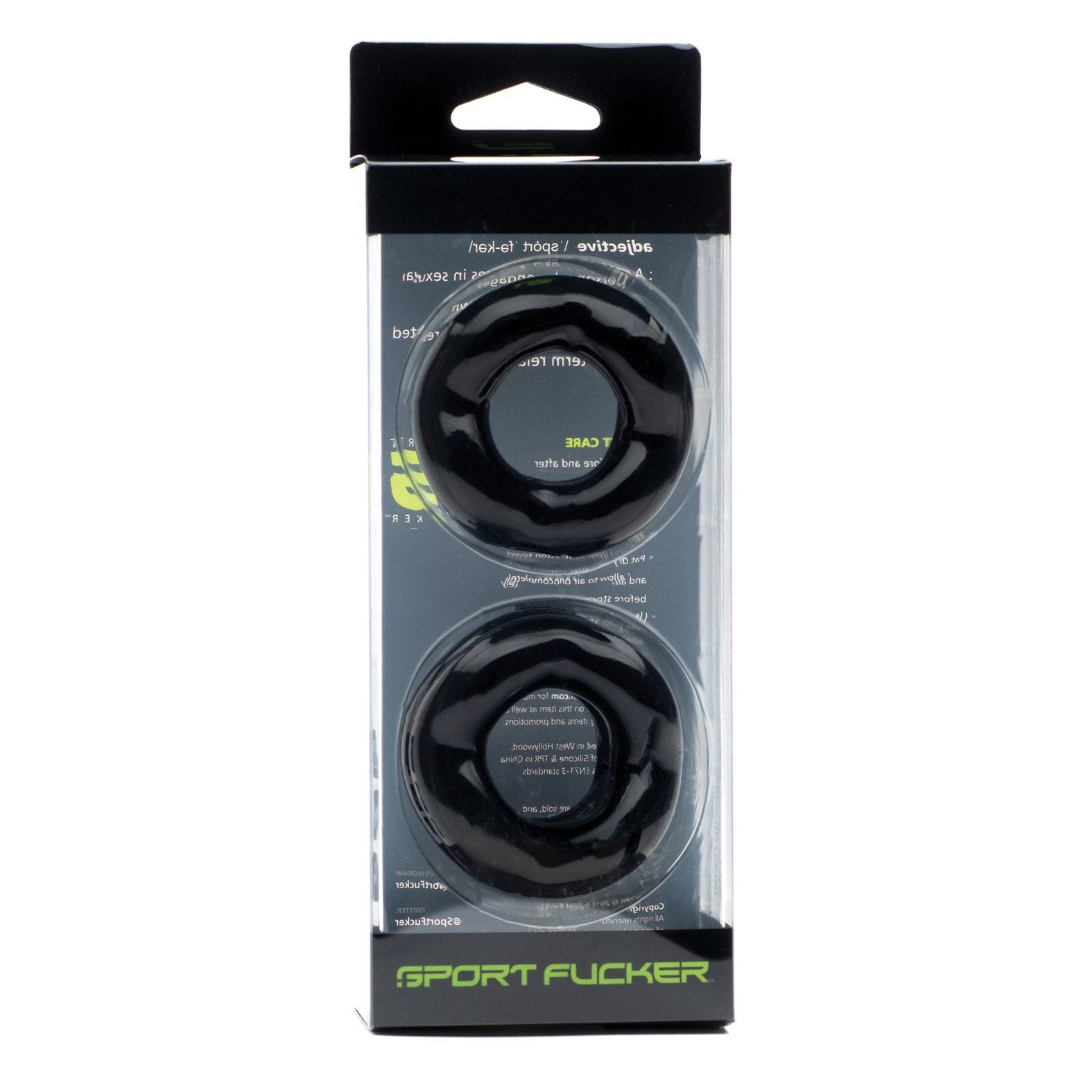 The Sport Fucker Revolution Combo Set, by Sport Fucker, includes two versatile black rings for use as a cockring or ball stretcher. The packaging features detailed product info on the back and a practical hanging tab at the top.