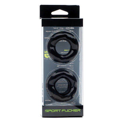 The Sport Fucker Revolution Combo Set, by Sport Fucker, includes two versatile black rings for use as a cockring or ball stretcher. The packaging features detailed product info on the back and a practical hanging tab at the top.