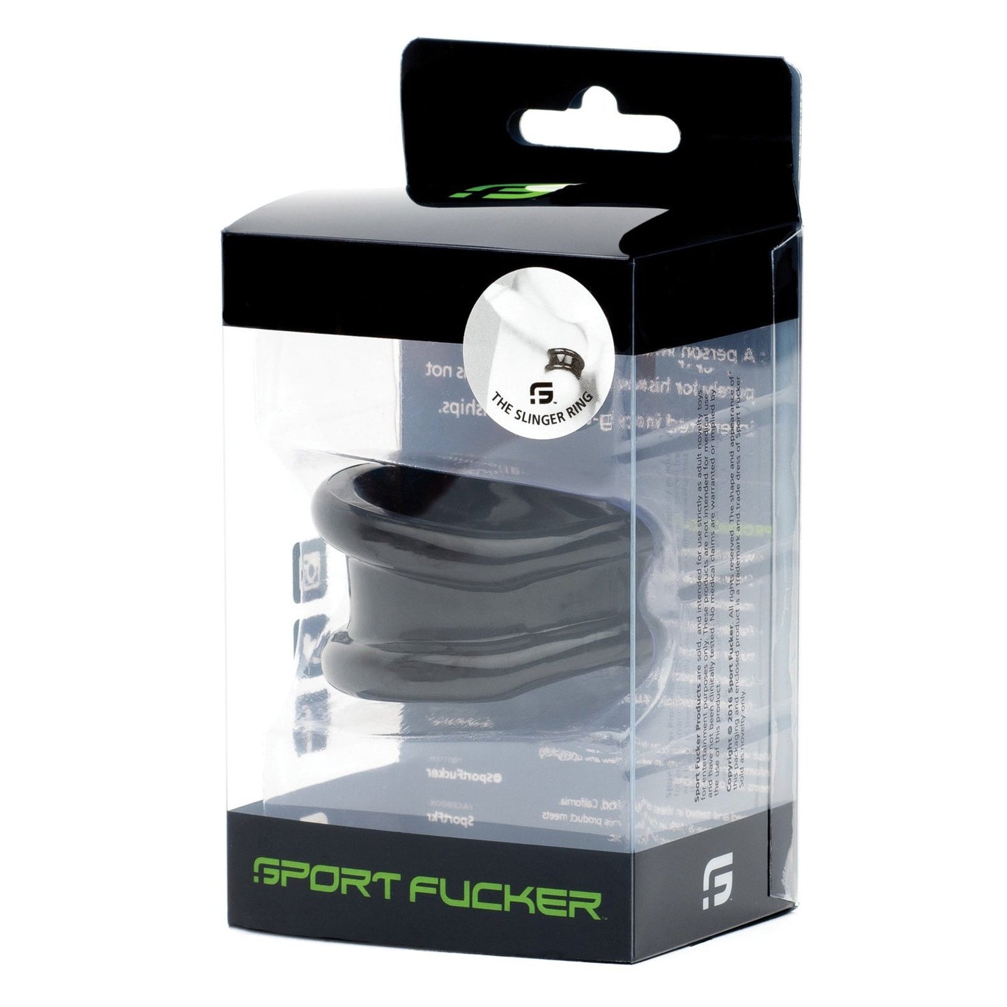 The Sport Fucker Slinger Ring, in black rubber, is neatly packaged inside a clear plastic box with a hanging tab. The box features the bold Sport Fucker brand name printed in vibrant green letters.