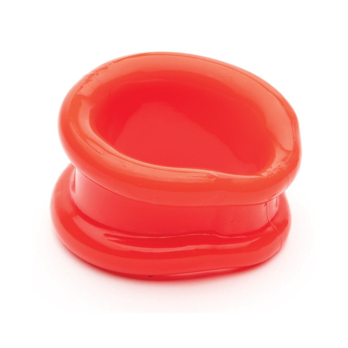 The item is a small, red, flexible, glossy Sport Fucker Slinger Ring with a round, hollow center and smooth edges, designed with a wide band shape.