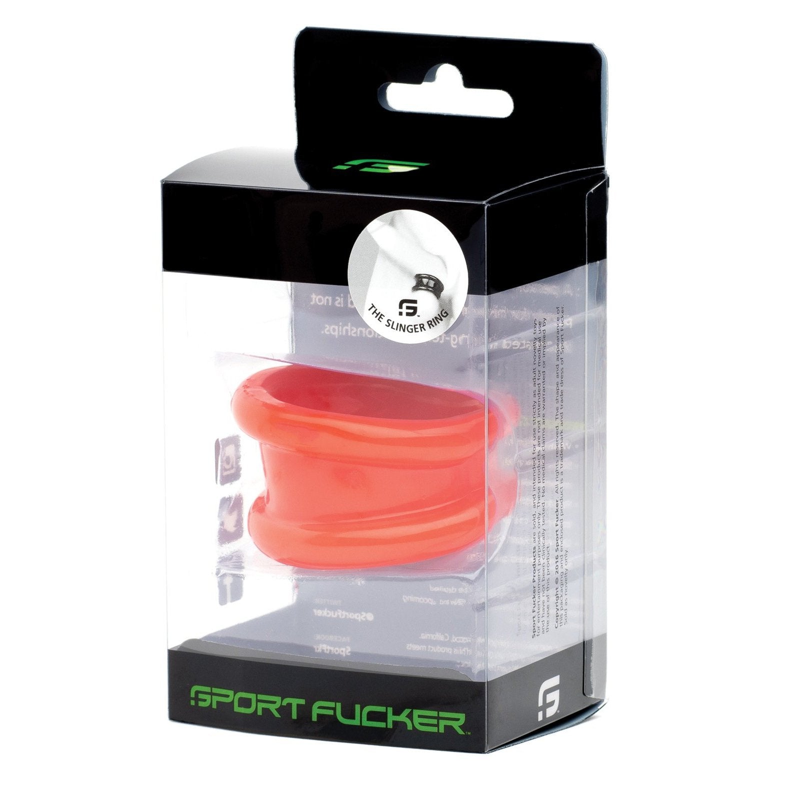 The image shows a transparent box containing the red silicone Sport Fucker Slinger Ring. The packaging includes several texts and the brand logo, with Sport Fucker clearly featured at the bottom, suggesting its an accessory for sports or fitness enthusiasts.