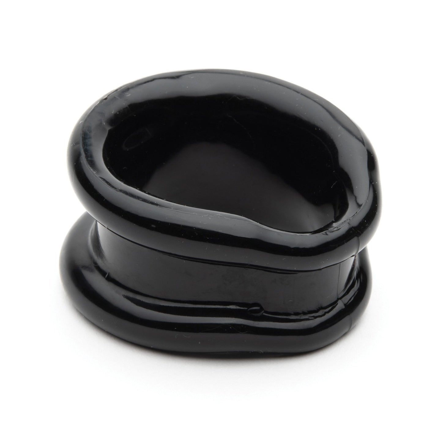 A smooth, glossy black ceramic bowl with a wide, thick rim has an abstract artistic form reminiscent of the Sport Fucker Slinger Ring, reflecting light on its shiny surface.