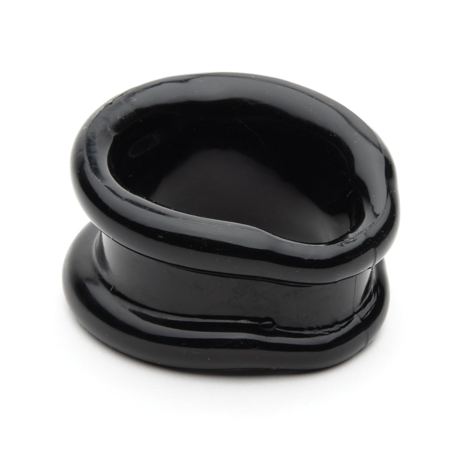 A smooth, glossy black ceramic bowl with a wide, thick rim has an abstract artistic form reminiscent of the Sport Fucker Slinger Ring, reflecting light on its shiny surface.