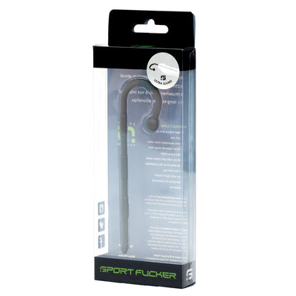 The Sport Fucker Ultra Sound packaging showcases a flexible, curved black item made from medical-grade silicone. Its housed in a clear plastic box with text and symbols, appealing to sound explorers to discover new sensations against a clean white background.